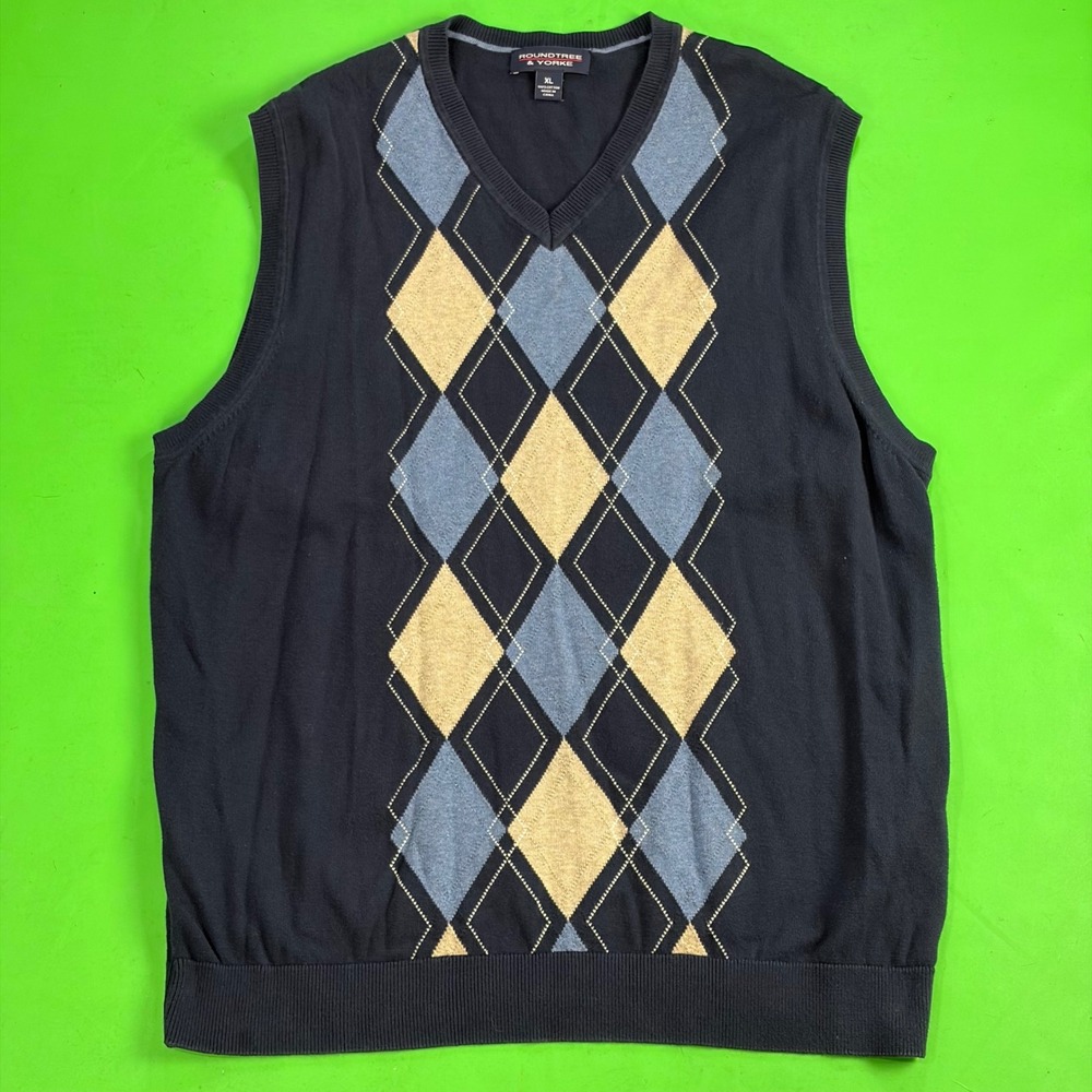 Roundtree Yorke Argyle Sweater Vest Mens XL Navy Blue V-Neck 100% Cotton Preppy